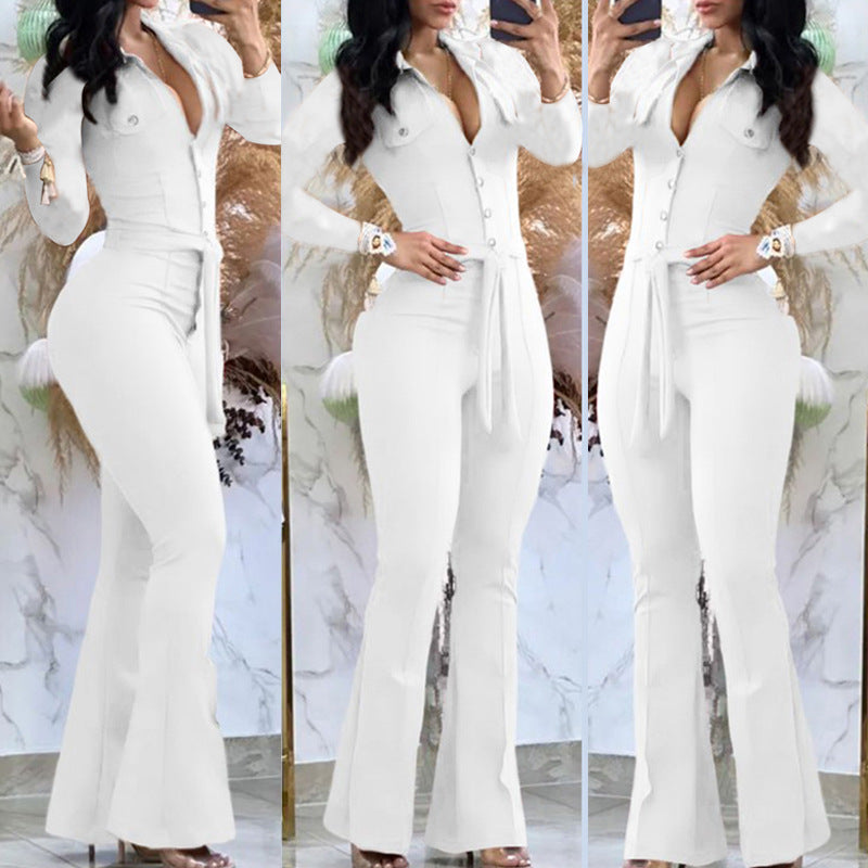 Women Turndown Collar Long Sleeve Bell-Bottom Jumpsuit 8