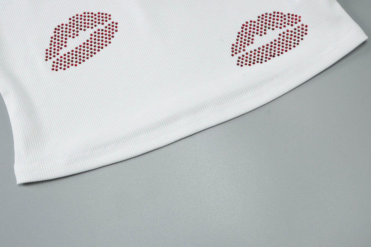 Women's summer fashion Beaded Crop vest slim sports Basic pants two piece set 16