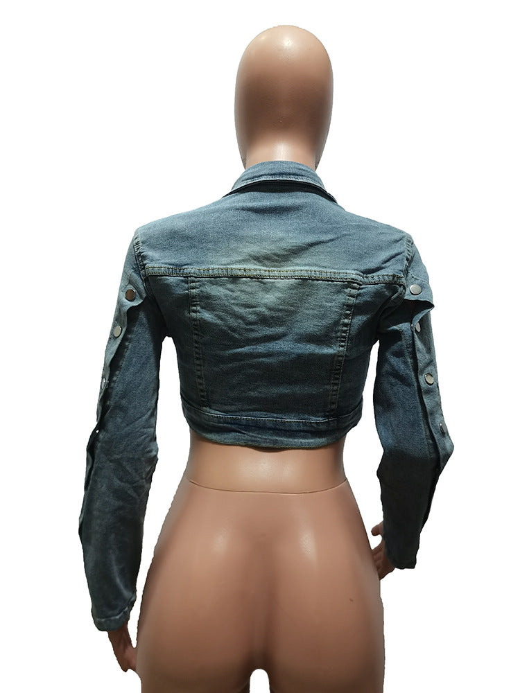 Women Washed Button Zipper Straps Irregular Top and Slit Cargo Denim Skirt Two-piece Set 20