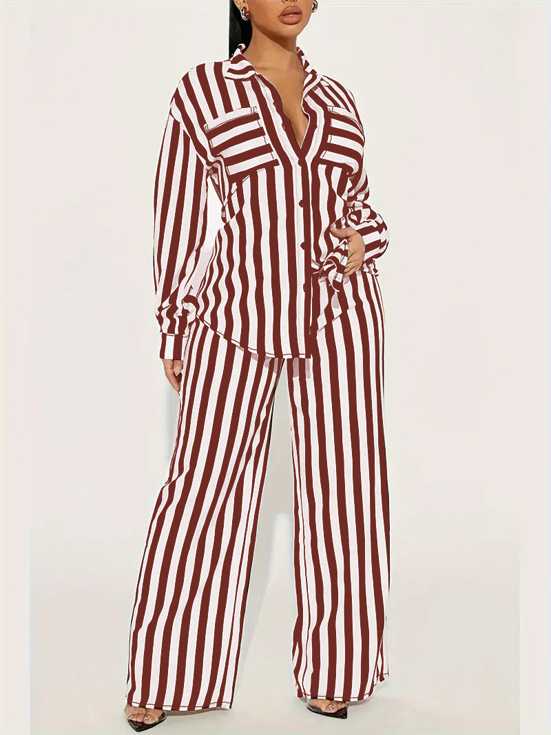 Women's Fashion Casual Long Sleeve Striped Shirt Pants Loose Two-piece Set 4
