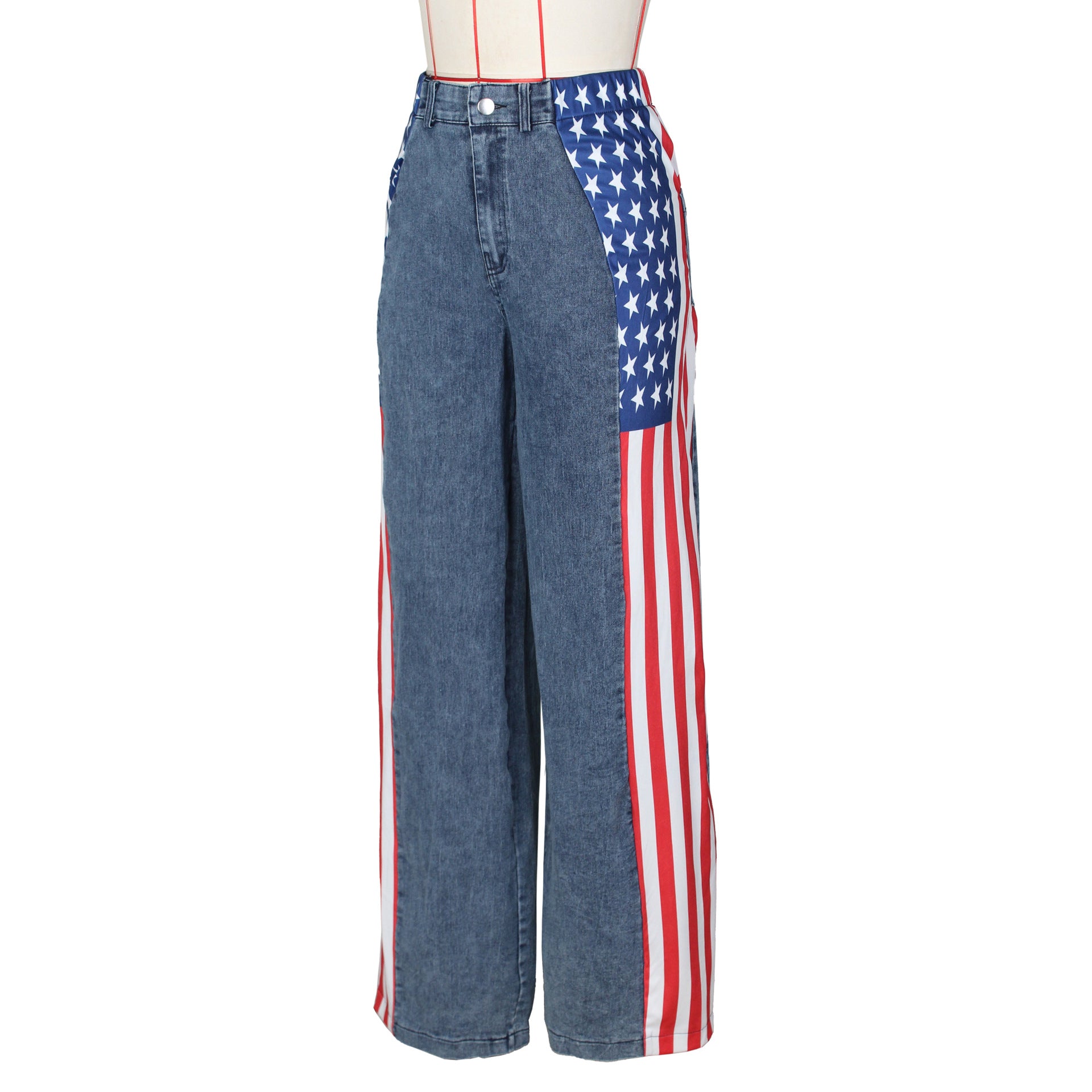 Women American Flag Printed Elastic Wide Leg Denim Pants 16