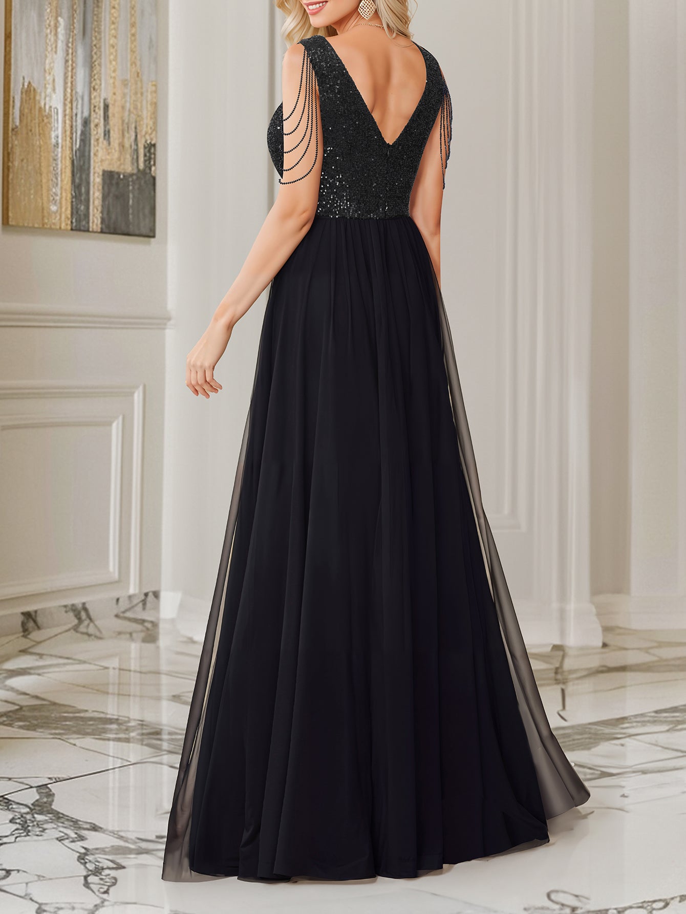 Women Sequin Black Mesh Evening Dress
