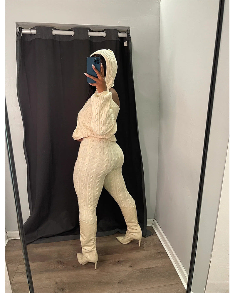 Women's Fashion Solid Color High Stretch Knitting Hooded Sweater Slim Long Pants Two Piece Set 17