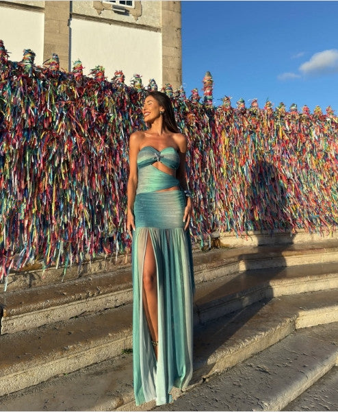 Gradient Color Strapless Hollow Out Long Gown Sexy Casual Summer Dress for Vacation 5