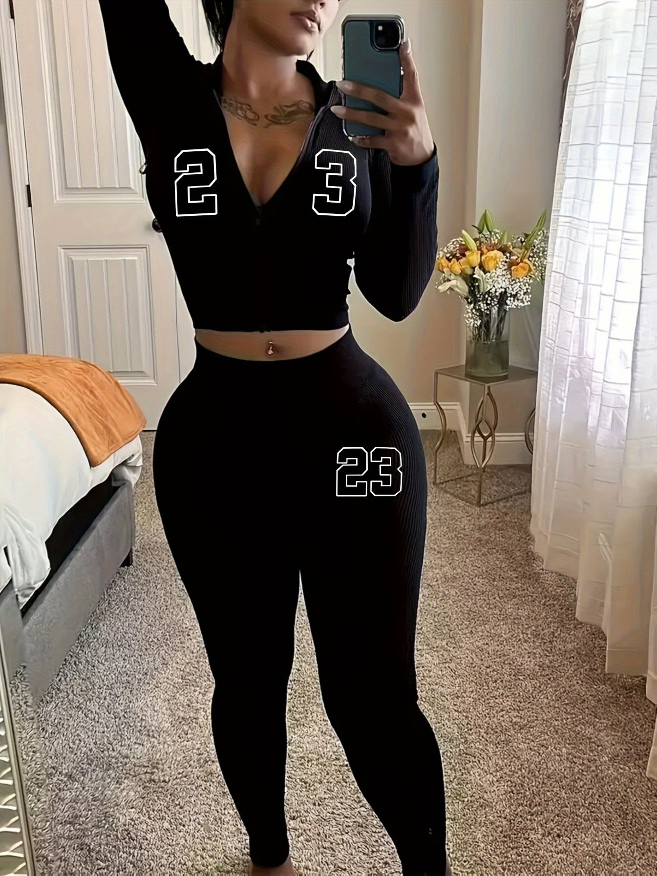 Women Digital Printed Zipper Hooded Long-sleeved Top and Pants Two Piece Set 3