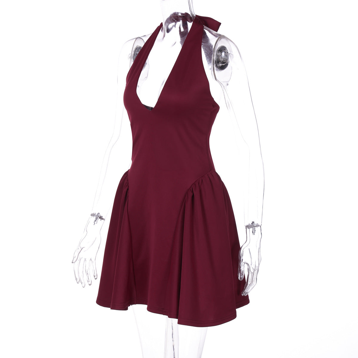 Women Sexy Summer Solid Sleeveless V Neck Halter Neck Dress 7