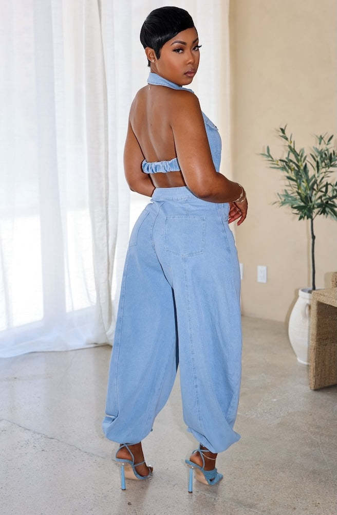 Sleeveless Low Back Washed High Stretch Casual Denim Jumpsuit 15