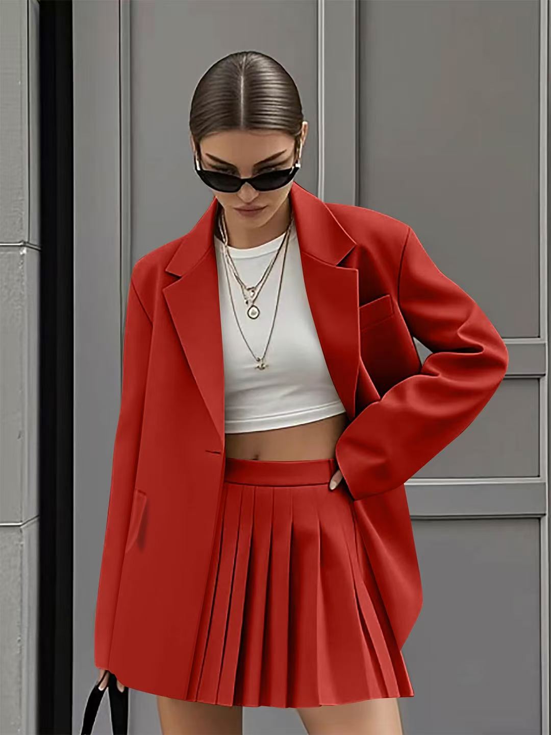 Women Casual Blazer and Pleated Skirt Two-piece Set 4