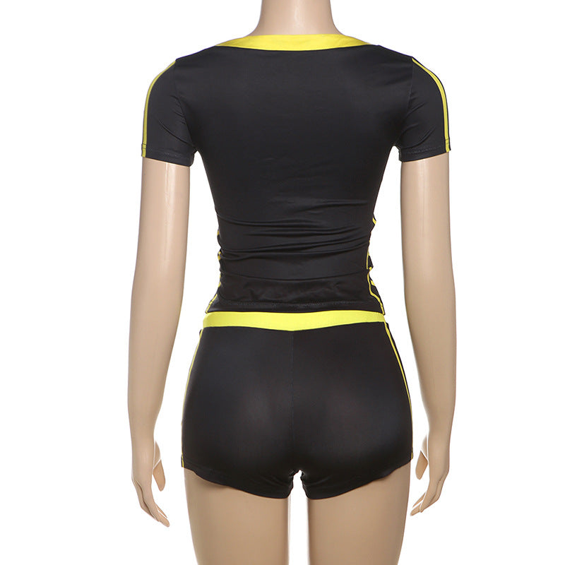Summer Street Fashion V-Neck Short Sleeve Tight-Fitting Sports Two Piece Shorts Set 10