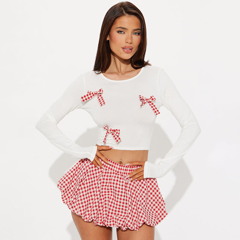 Women Plaid Bow Top and Contrast Color Bud Skirt Two Piece Set