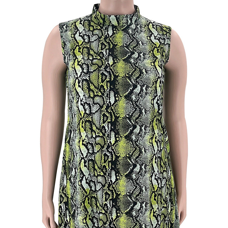 Summer Stand Collar Sleeveless Print Plus Size Women's Stylish Loose Long Dress 19