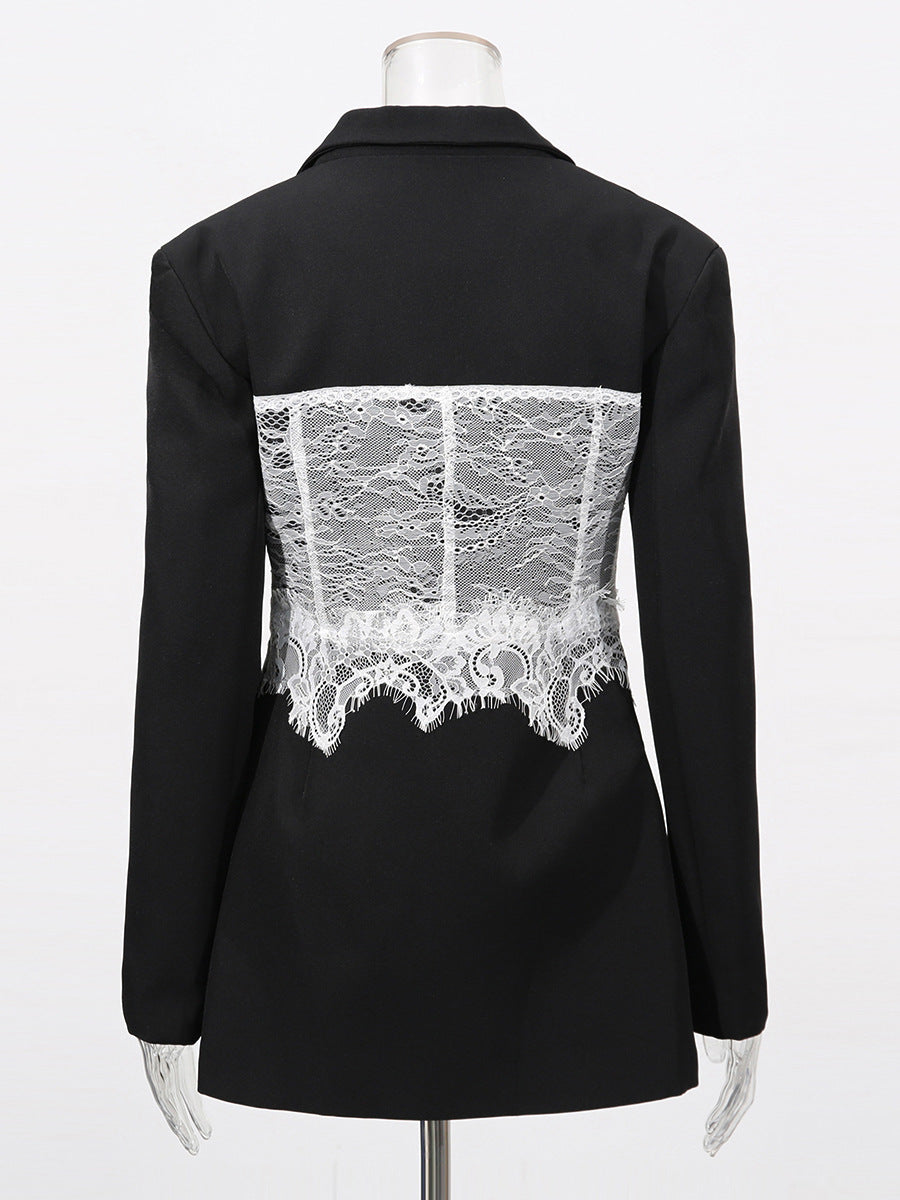 Women Lace Patchwork Buttoned V-Neck Long-Sleeved Blazer 5