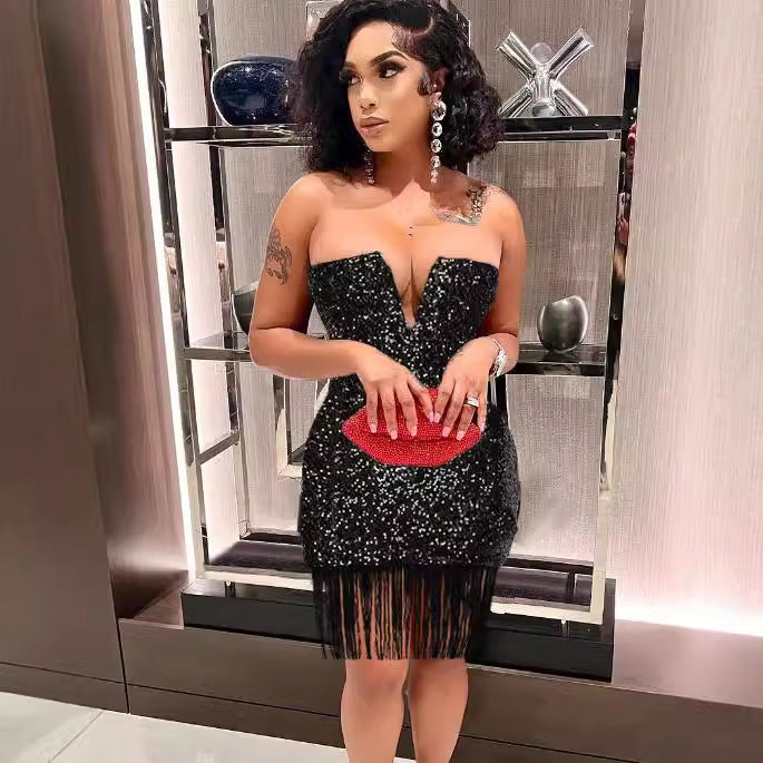 V-neck strapless tassel sequin bodycon dress 3