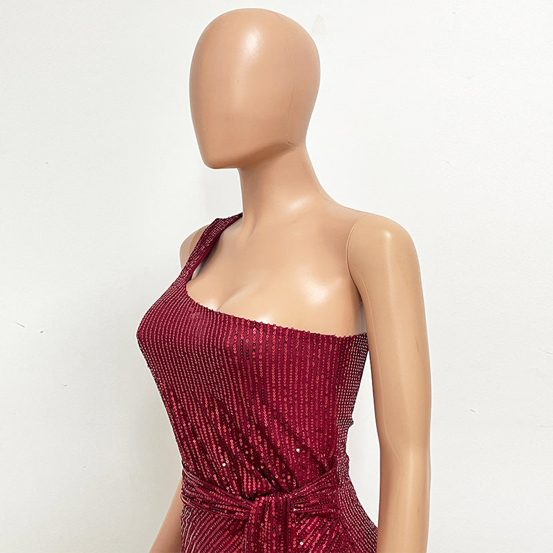 Women's One-Shoulder Lace-Up Sequined Evening Dress 59