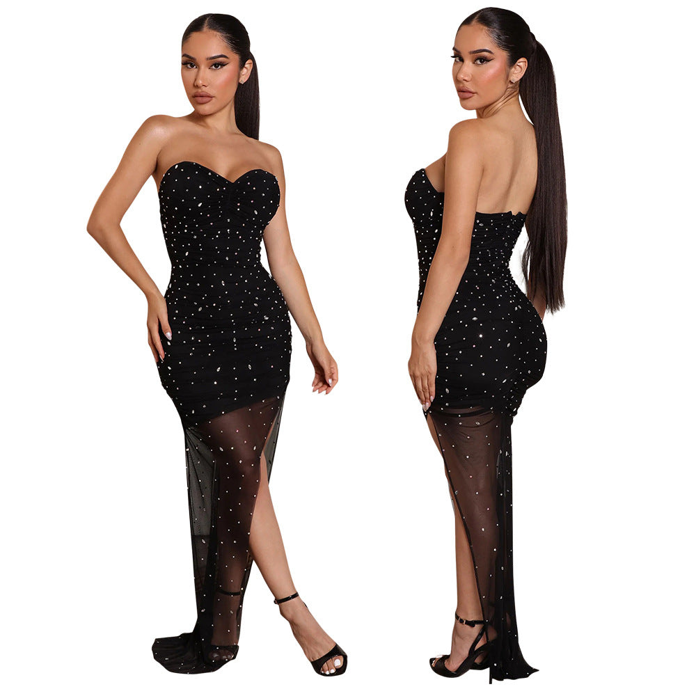 Women Sexy Off Shoulder Mesh Beaded Party Slit Dress 7