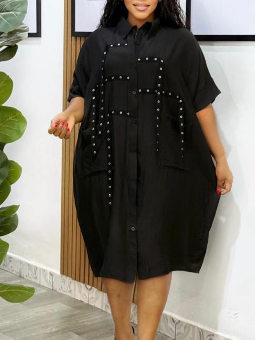 Women Short Sleeve Turndown Collar Shirt Dress 10