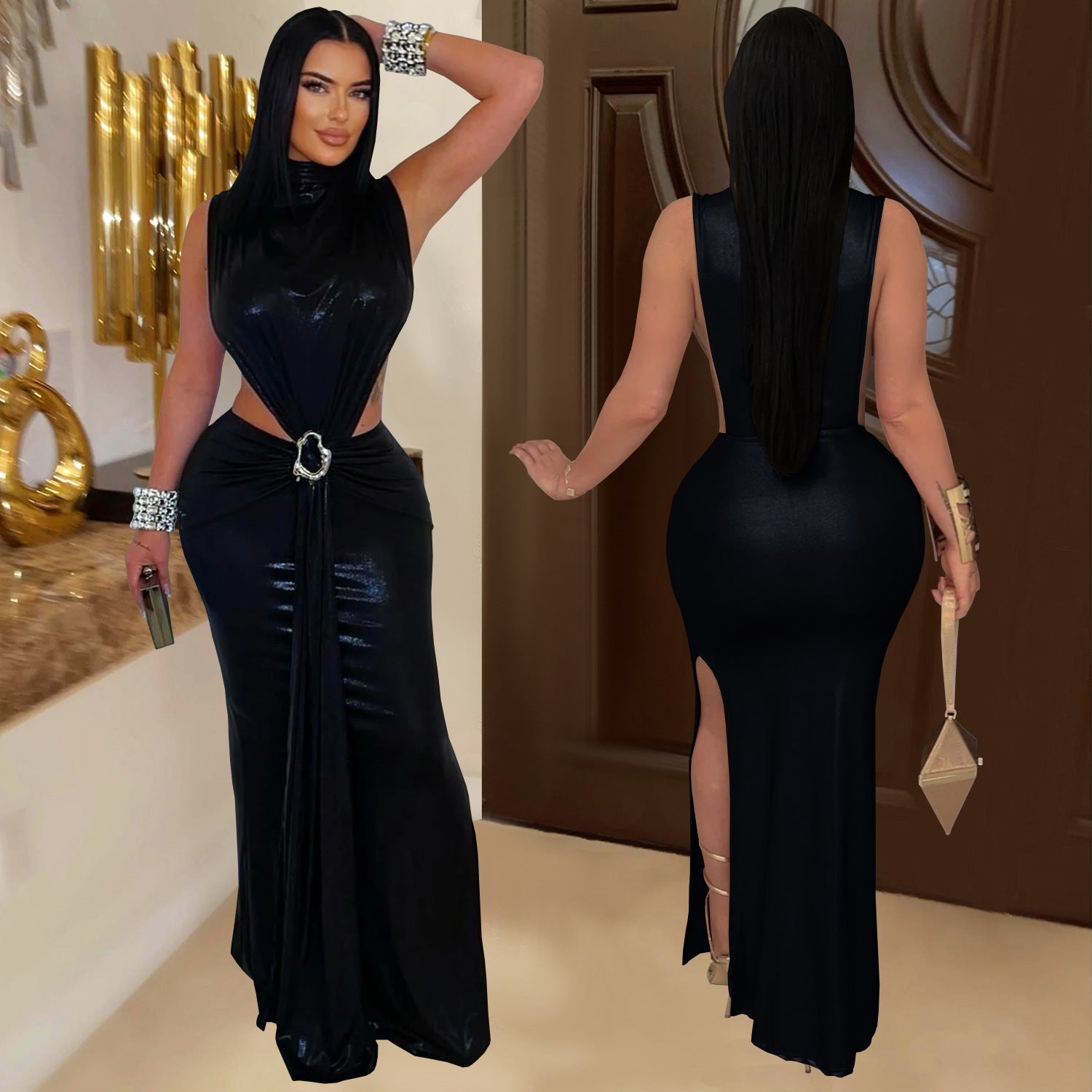 Women Sexy Elegant High-Neck Slit Dress