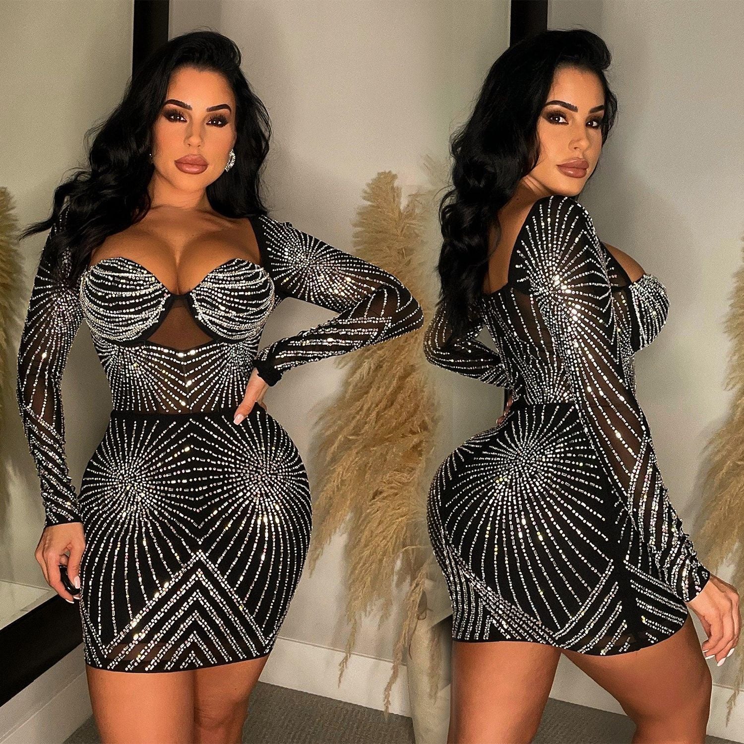 Women's Fashion Solid Color Mesh Beaded Long Sleeve Dress