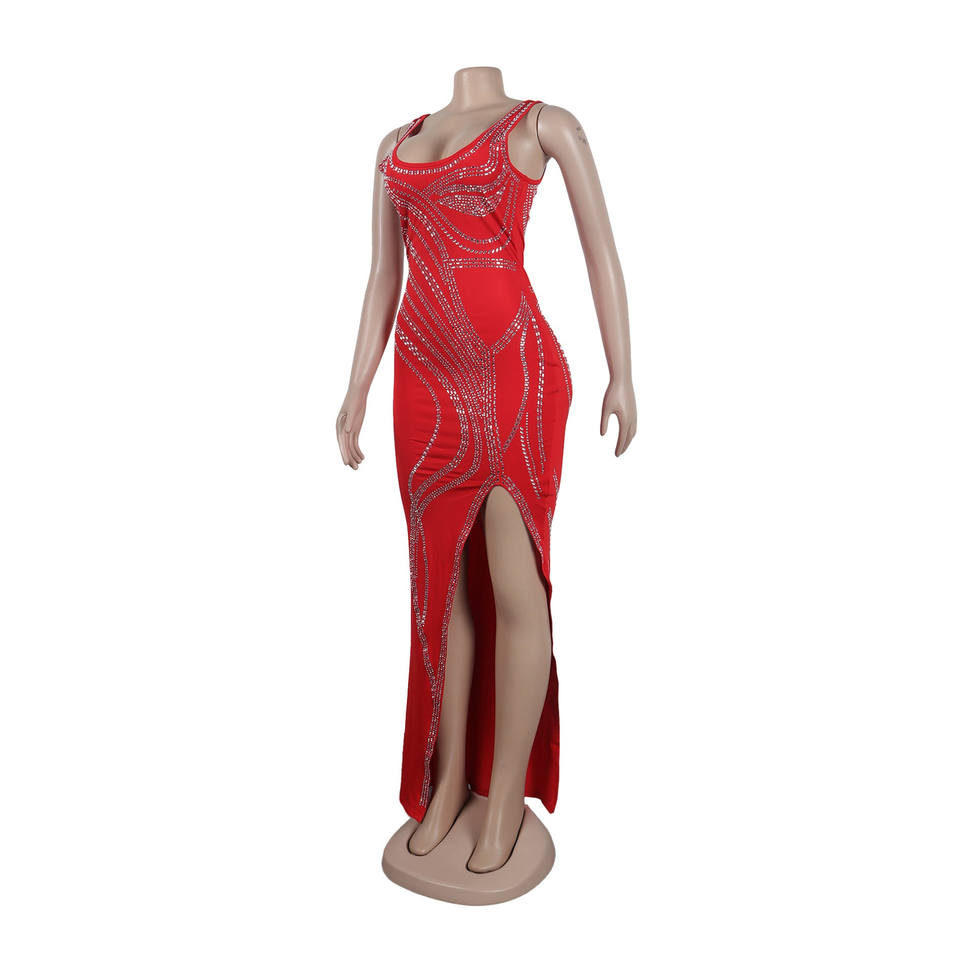 Women Sexy Beaded Sleeveless Bodycon Slit Dress 28