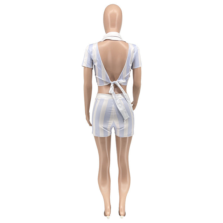 Women Summer Stripe Print Lace-Up Sexy Backless Two-Piece Set 18