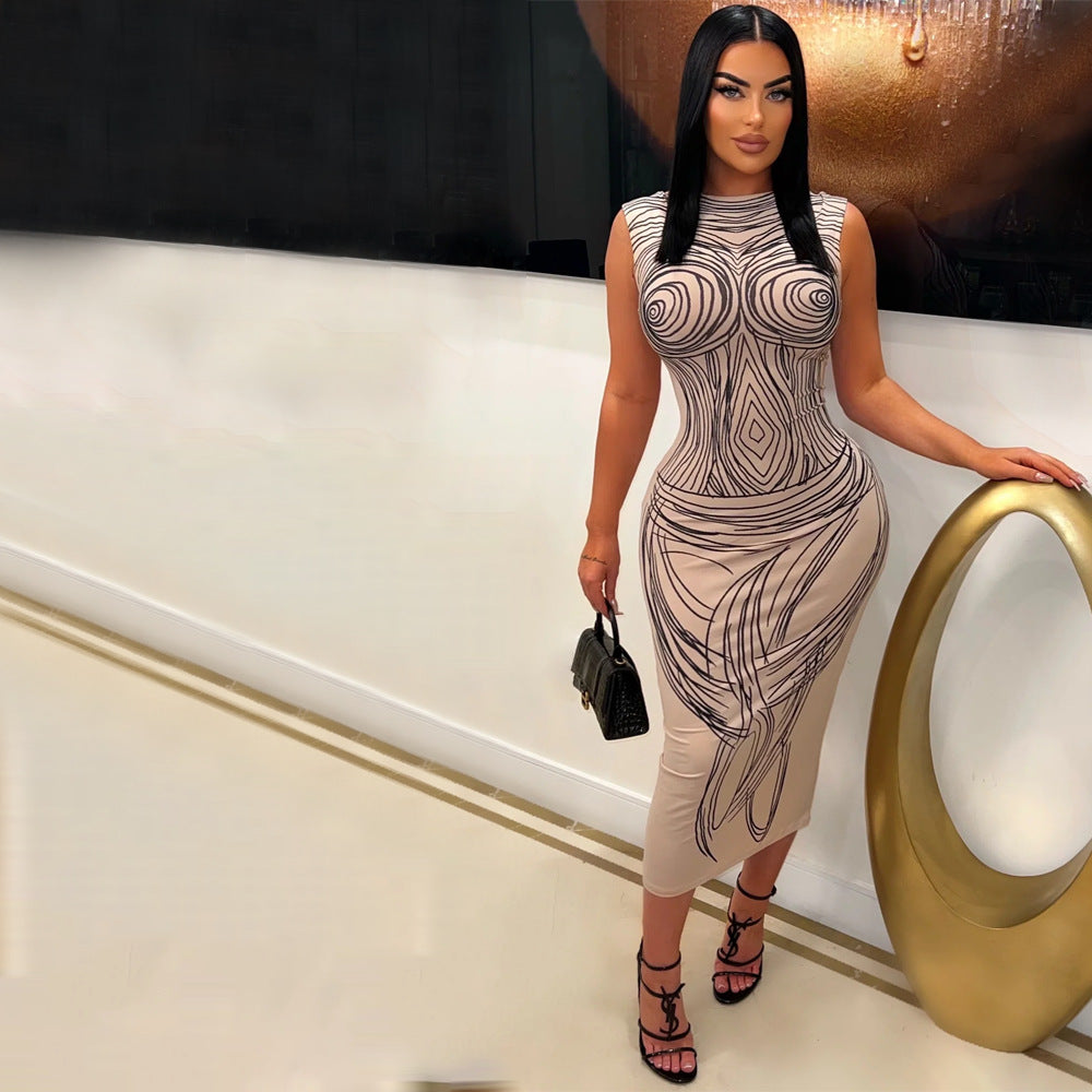 Fashion Women's Low Back Lace Up Tight Fitting Sexy Printed Bodycon Nightclub Dress 4