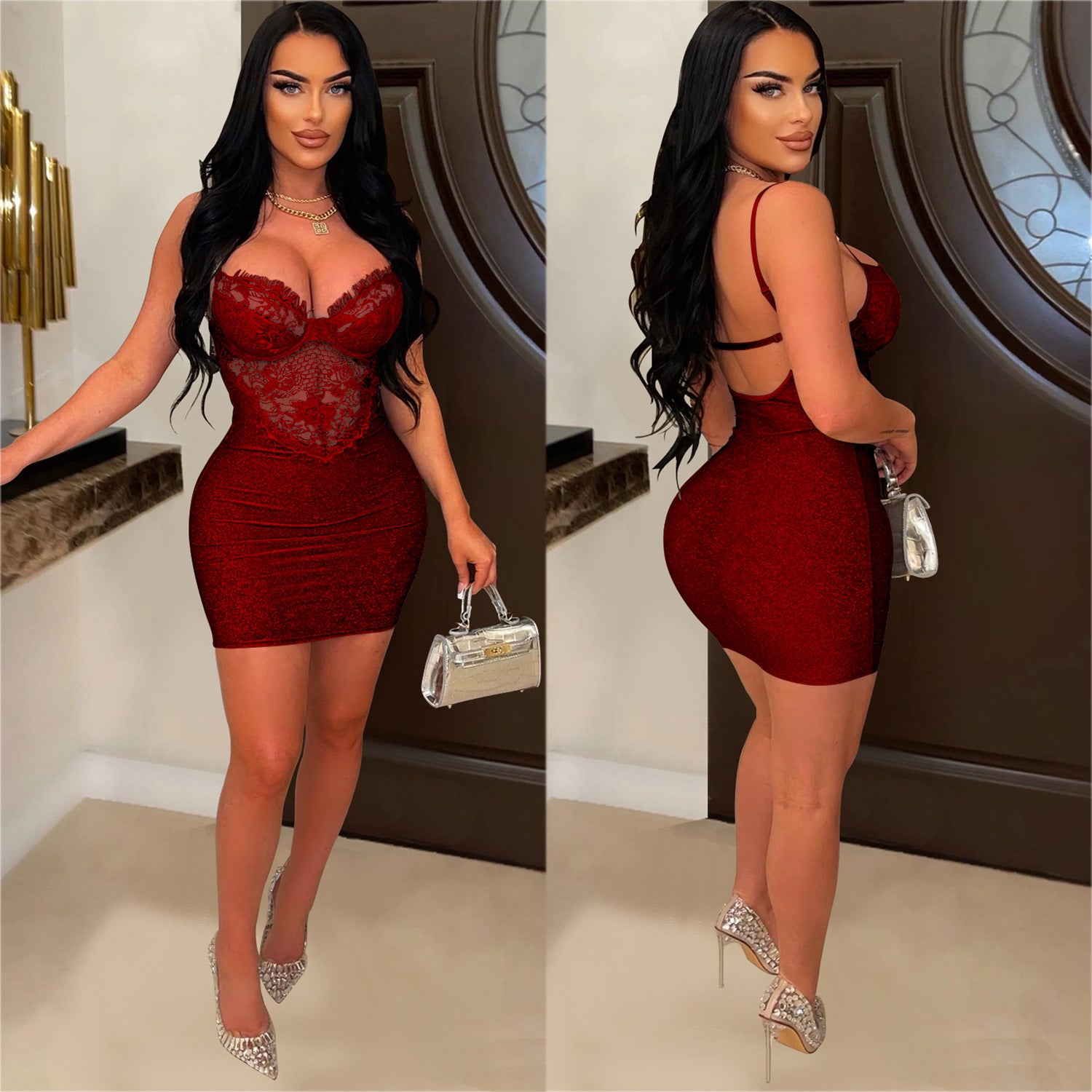 Fashion Ladies Solid Color Sleeveless Skirt Floral Mesh Strap Dress 6