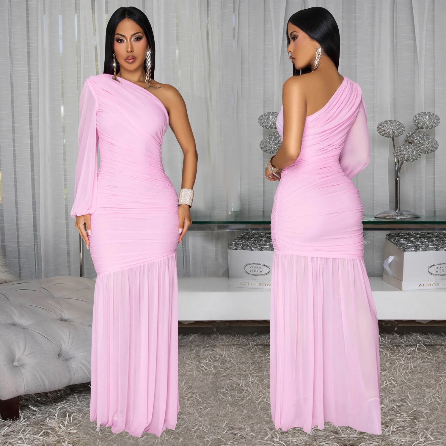 Women Sexy Slash Shoulder Mesh Dress 4