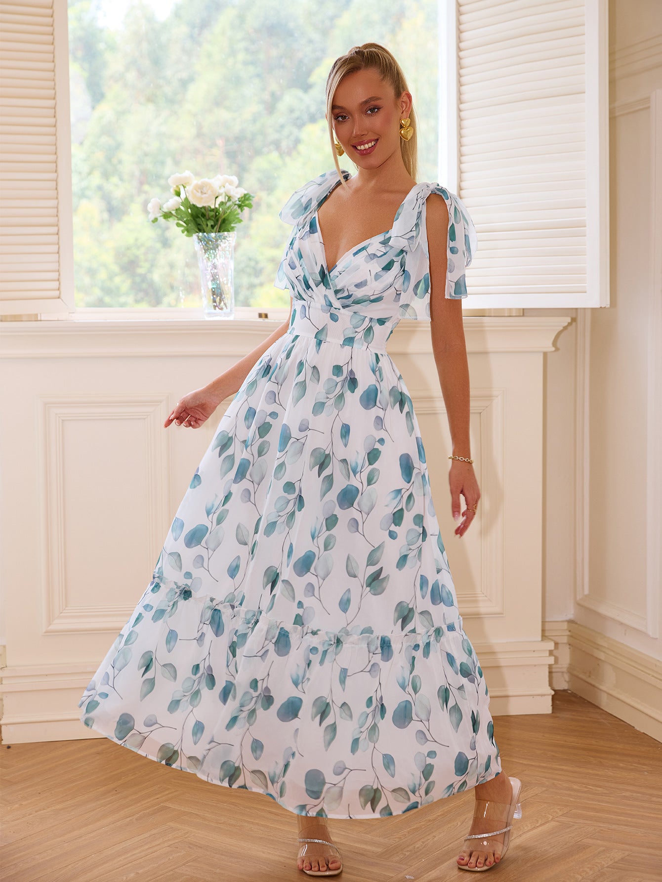 Women printed lace-up v-neck dress 4