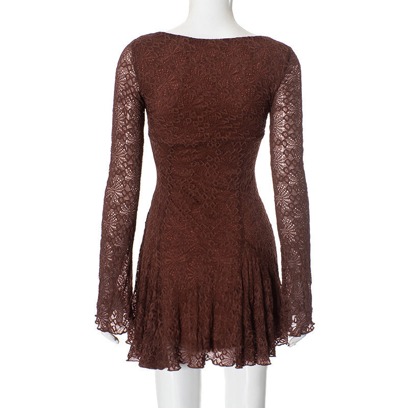 Women Spring Summer Sexy V-neck Lace Long Sleeve Dress 9