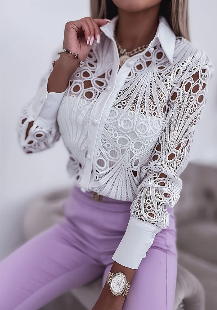 Spring Autumn Career Women Fashion Lace Hollow Long-Sleeved Shirt