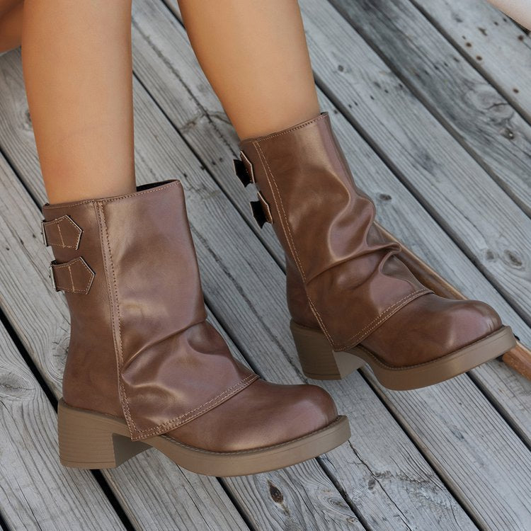 Stylish Brown Mid-Calf Boots with Chunky Sole Fashion Shorts for Women 6