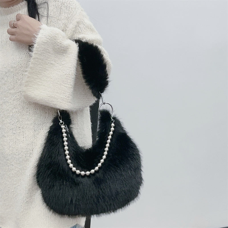 Autumn And Winter Furry Bag Imitation Fox Fur Armpit Bag Pearl Chain Shoulder Bag 10
