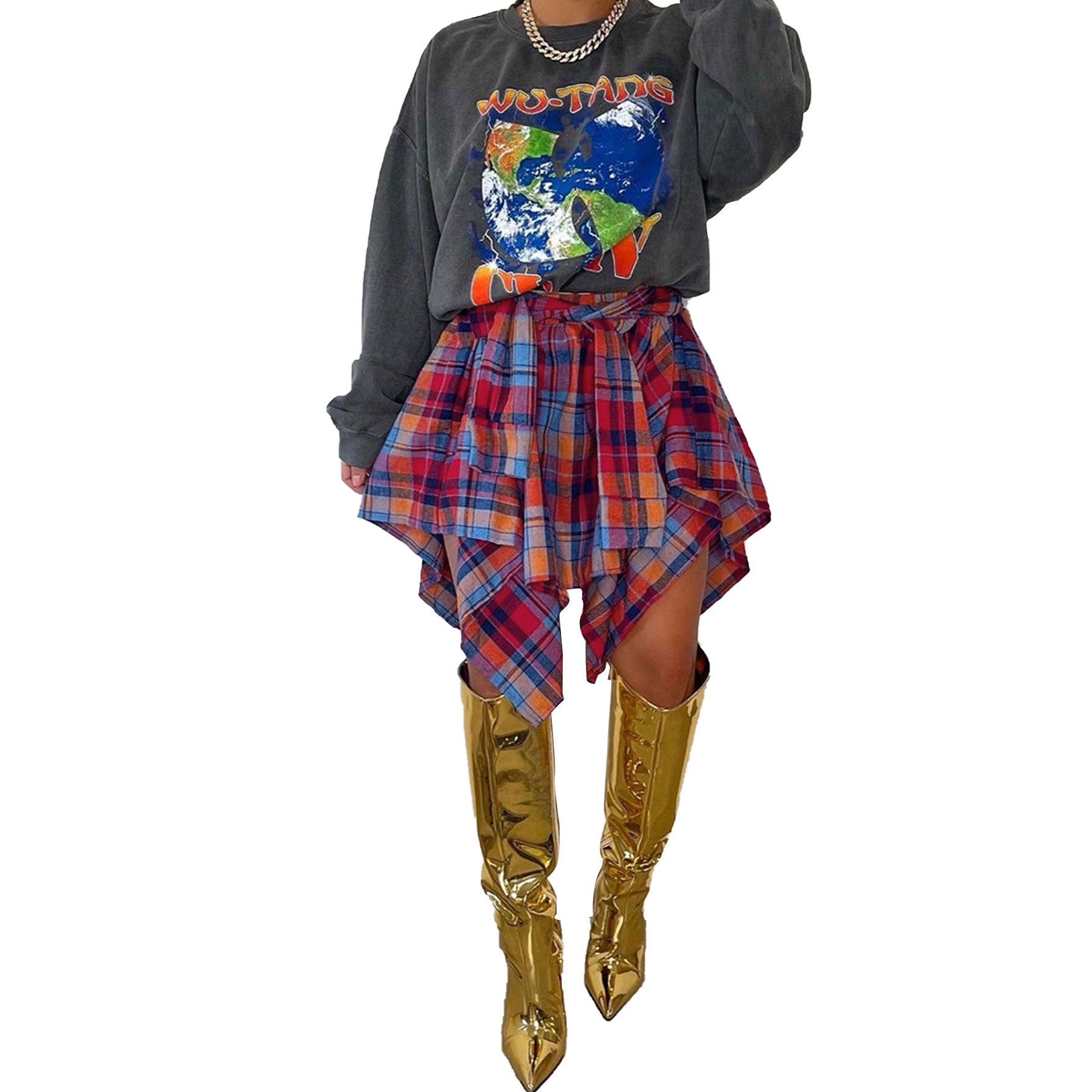 Fashionable Asymmetrical High-Waist Patchwork Plaid Skirt 7