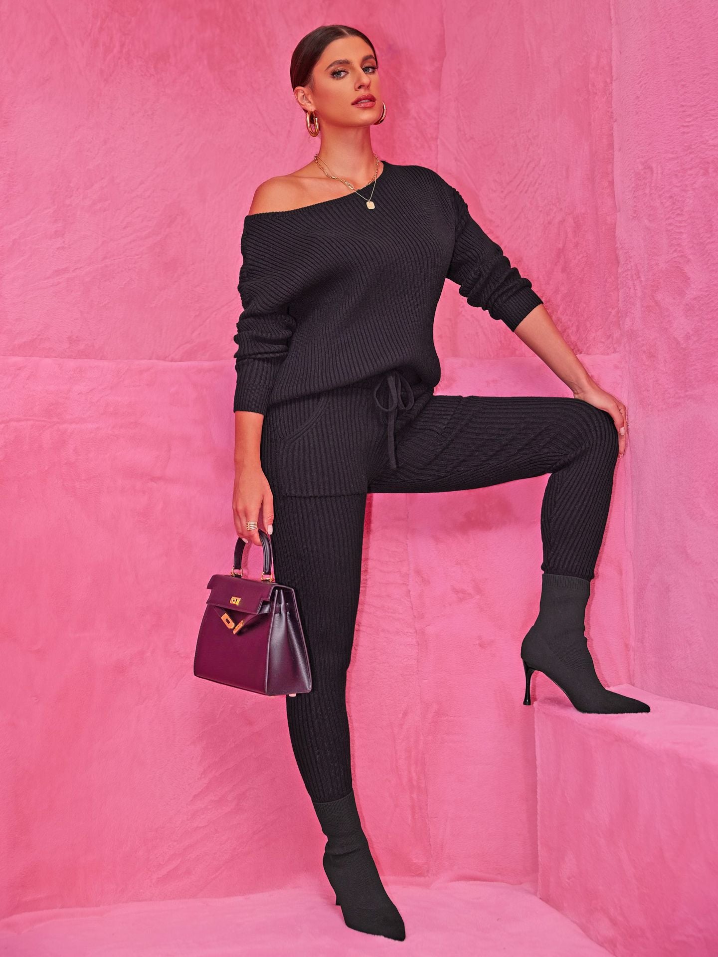 Autumn Winter Round Neck Long Sleeve Sweater Woolen Trousers Two Piece Set 9