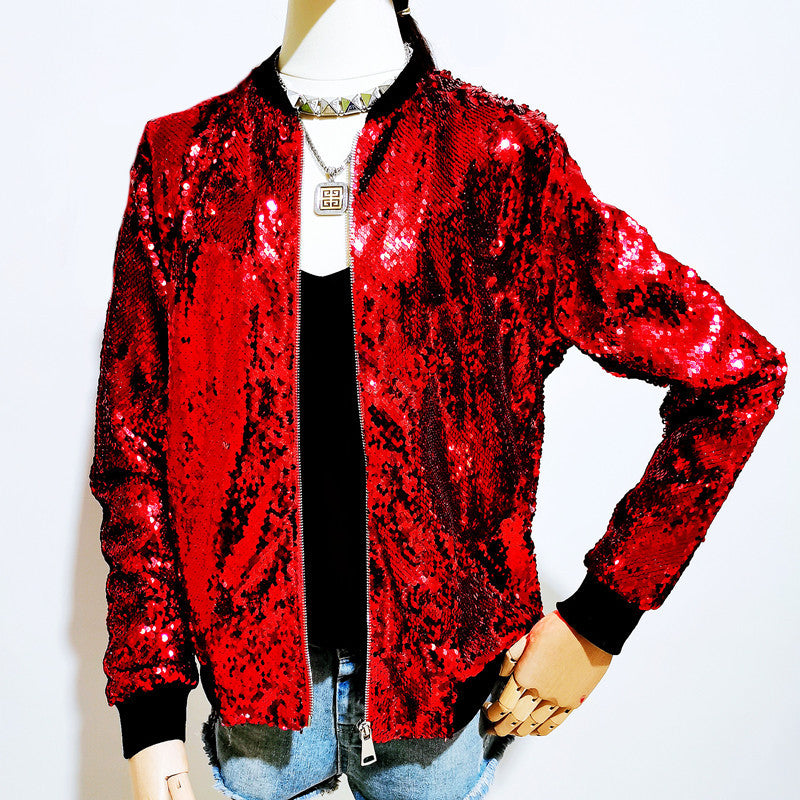 Casual Women's Fall Outer Coat Plus Size Loose Sequin Baseball Jacket 3