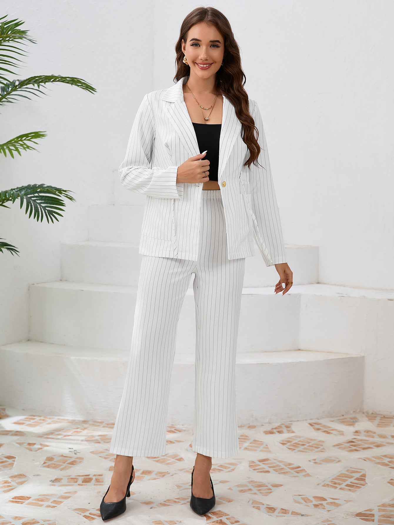 Casual Stripe Turndown Collar Strap Blazer Jacket Straight Pants suits Women's two-piece set 9