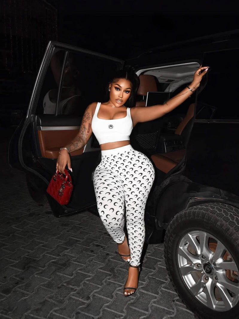 Women summer sexy strap top and printed trousers two-piece set 4