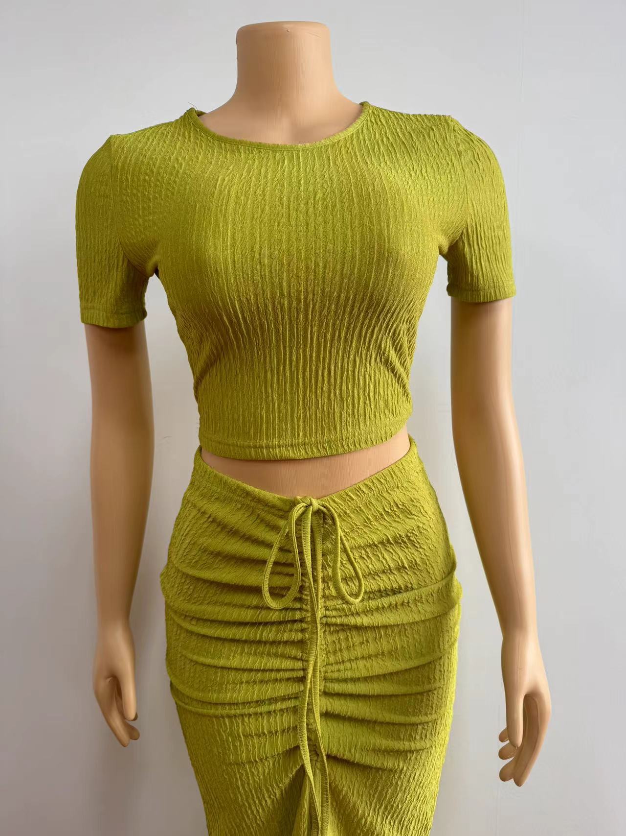 Women sexy pleated short-sleeved top and Drawstring Pleated Skirt Two-piece Set 9