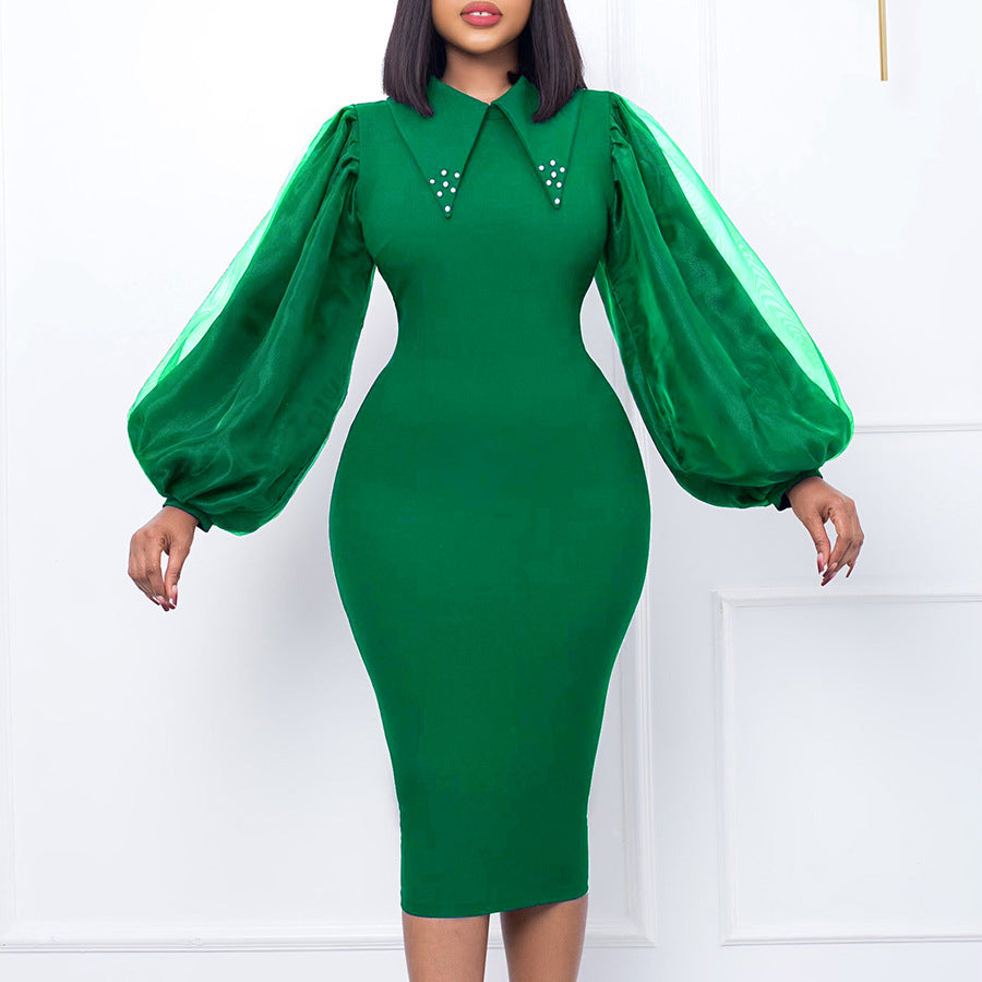 Women'S Spring Autumn Long Sleeve Plus Size Beaded Mesh Patchwork Career Bodycon Pencil Dress 6