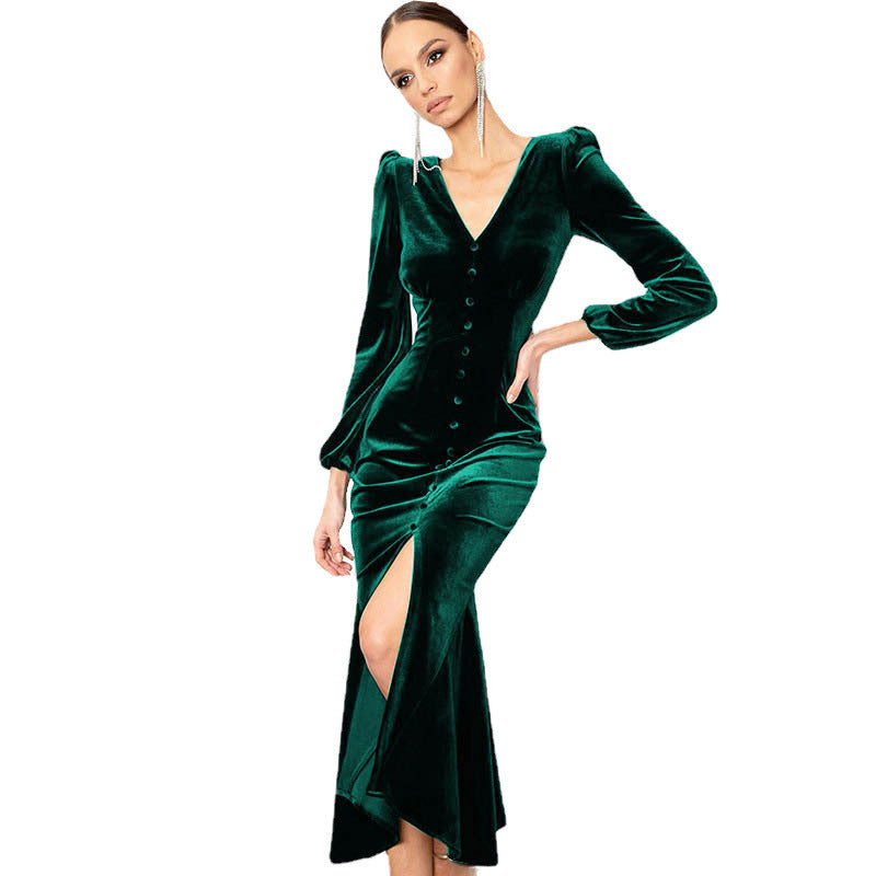 Women Autumn Knittingv Collar Solid Padded Shoulder Long Sleeve Slit Evening Dress 17