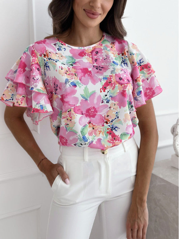Fashion Summer Print Ruffle Sleeve Round Neck Short Sleeve Top 3