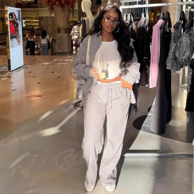 African Women long-sleeved striped shirt and contrasting wide-leg pants casual two-piece set 4