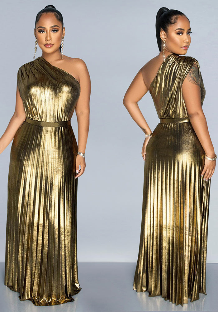 Women Elegant Shiny Slash Shoulder Sleeveless Solid Dress