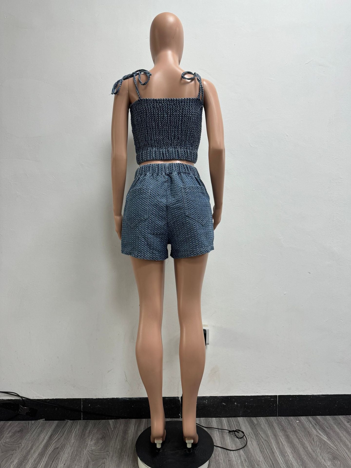 Women Sexy Stretchy Denim Strapless Casual Top and Shorts Two-piece Set 8