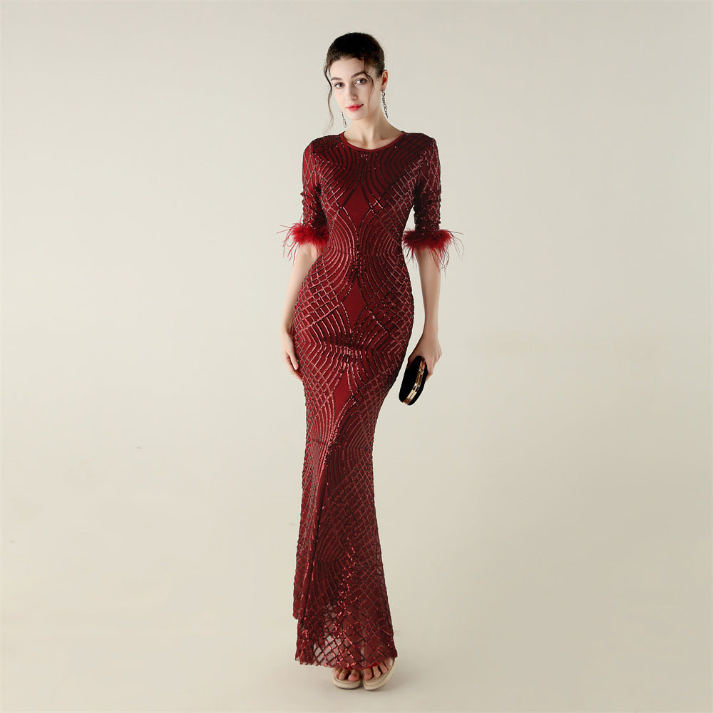 Plus Size Sequin Feather Half Sleeve Fishtail Evening Gown 6