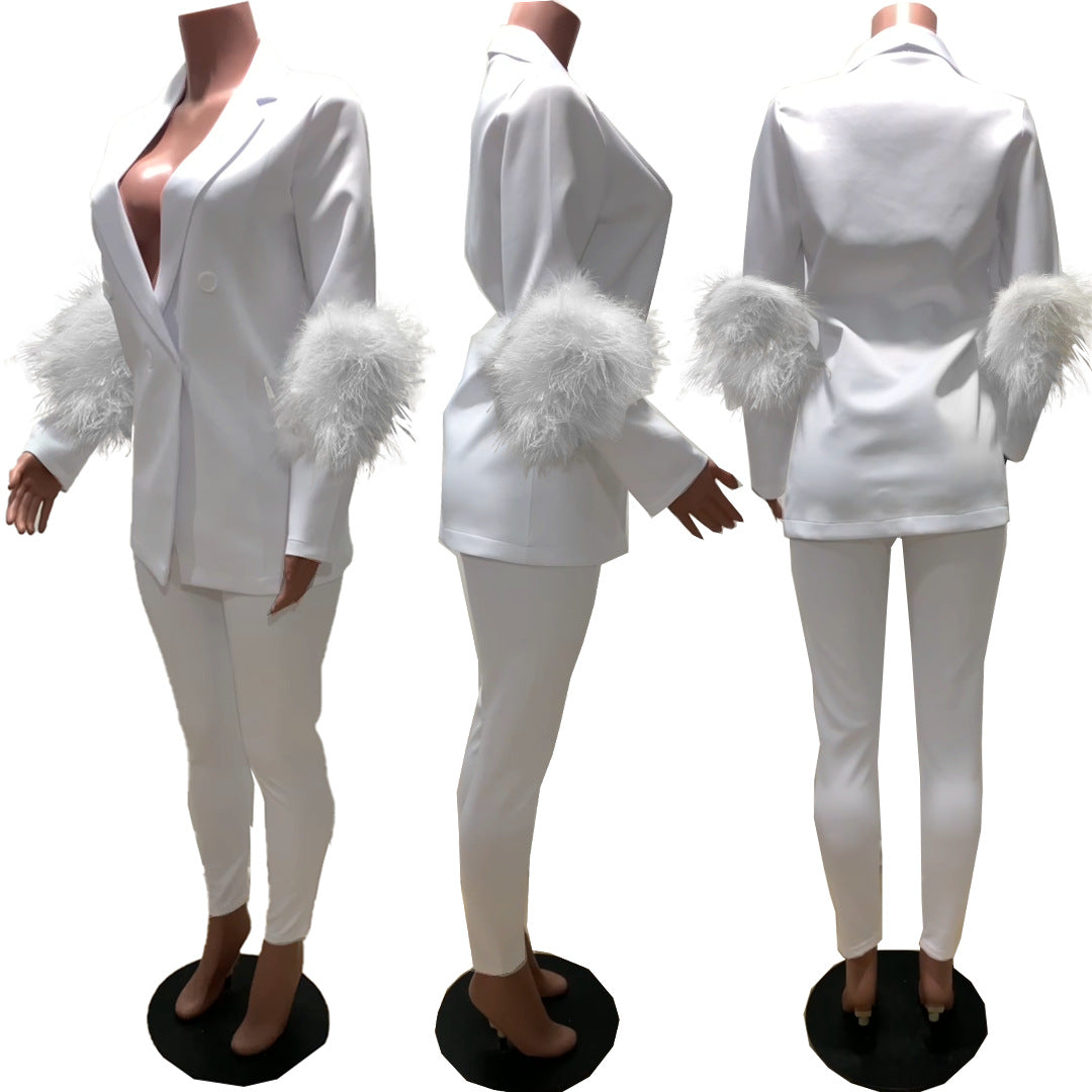 Fall Women Feather Blazer and Pant Two Piece 21