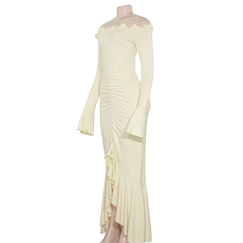 Autumn Solid Color Off Shoulder Long-Sleeved Sexy Slit Slim Women's Dress 7