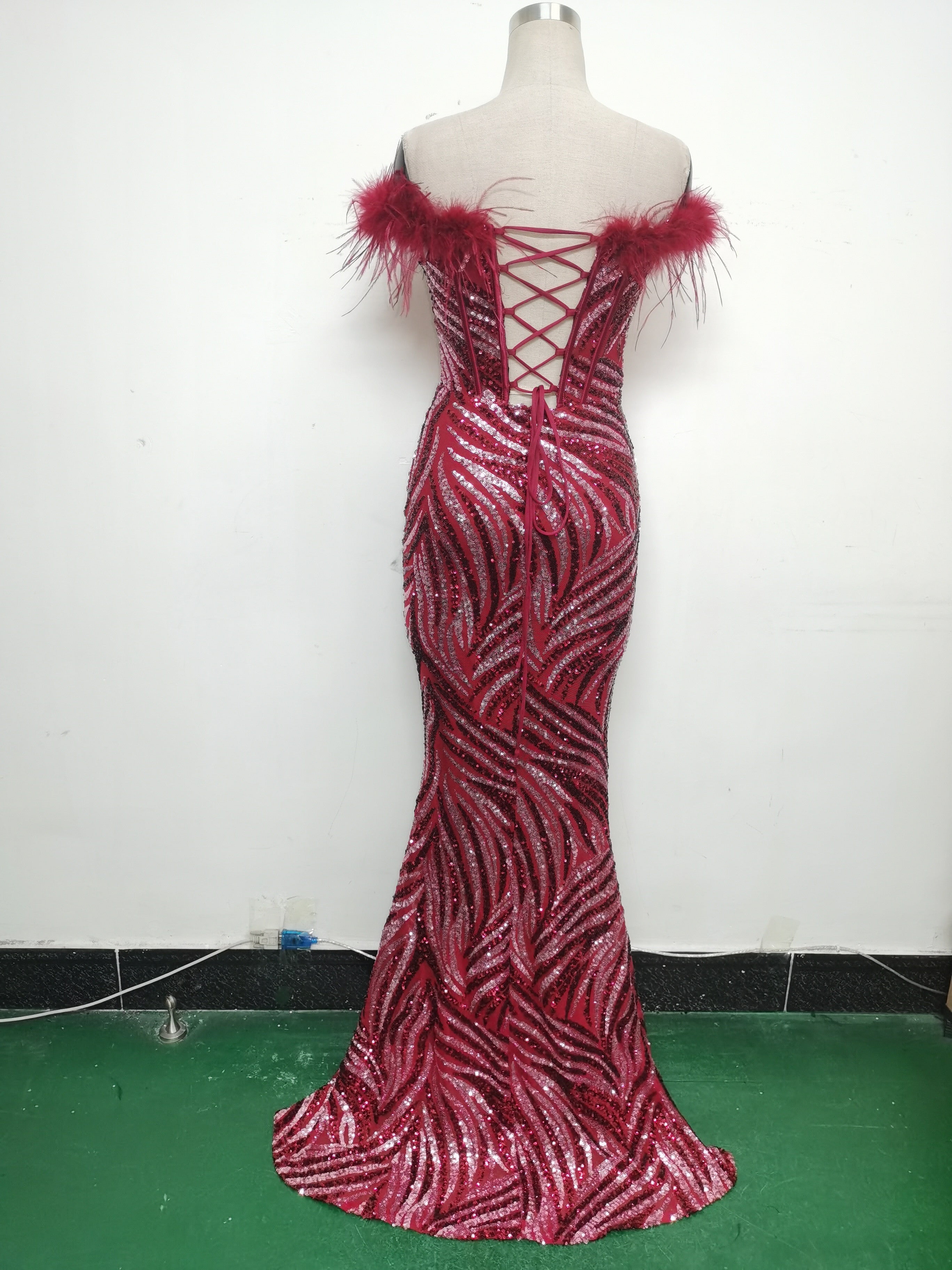 Fishbone Slim Waist Off Shoulder Feather Sequined Evening Dress 16