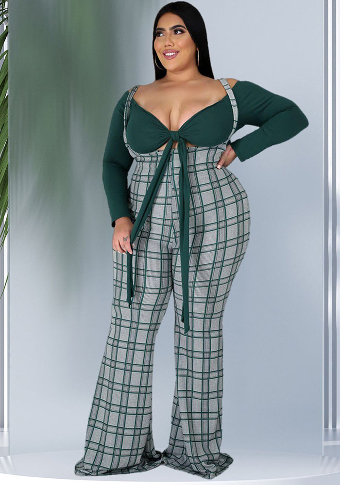 Plus Size Women Long Sleeve Top and Plaid Suspenders Set