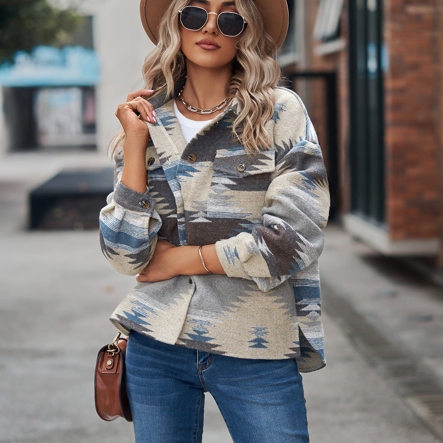 Geometric Pattern Short Loose Turndown Collar Pocket Button Women's Jacket For Women 10